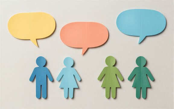 Paper cutouts show diverse people with colorful speech bubbles above