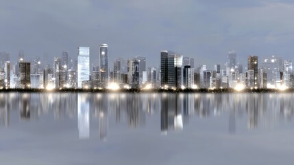 Obraz premium Stunning City Skyline at Dusk with Reflection on Water in Urban Environment
