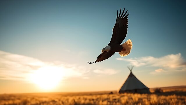 mephistopheles. Bald eagle flying over prairie with tent in distance during golden hour. wildlife magazines, conservation campaigns, designed for wildlife conservation campaigns.