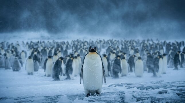 Large colony of Emperor penguins in a snowy Antarctic landscape