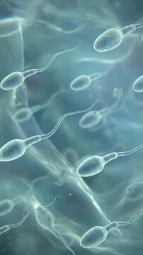 Gamete life progression: sperm navigate, ovum seek, internal view, human reproduction, cell fertilization, embryo development, female system, vital journey.