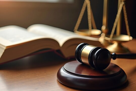  of law and justice such as scales, law book, and mallet on a desk.