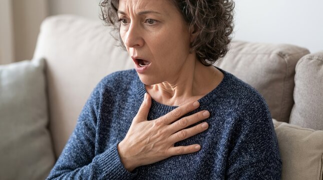 Woman experiencing chest pain or difficulty breathing, looking distressed at home.