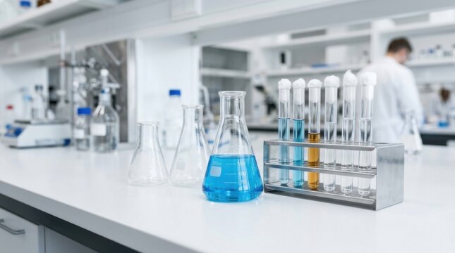 Scientist working in a lab with blue chemical solutions in flasks