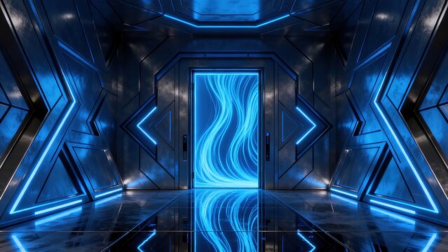Futuristic corridor with glowing blue patterns