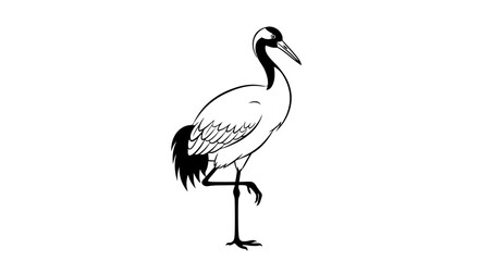 Obraz premium A black and white illustration of a crane standing on one leg.