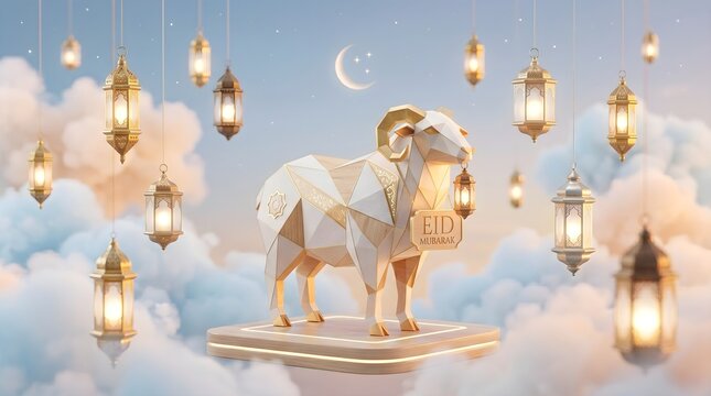 3D geometric ram figurine with Eid Mubarak tag standing on floating platform amidst glowing lanterns and clouds, crescent moon background for Eid al-Adha celebration