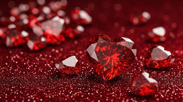 Sparkling heart shaped red gemstones scattered on a glittering textured surface
