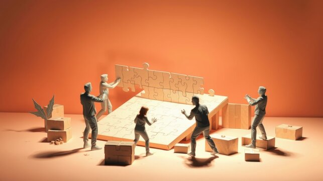 Minimalist scene depicts figures assembling puzzle pieces. Orange backdrop, cubic blocks surround incomplete jigsaw structure. Teamwork concept.