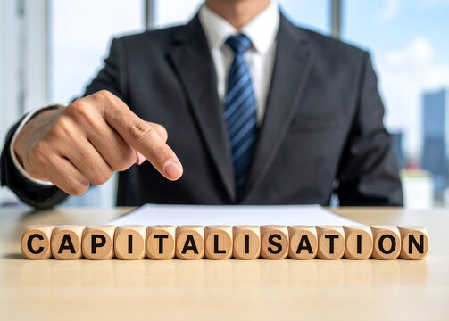 Capitalisation - Geschäftsmann zeigt auf den Text "Capitalisation"