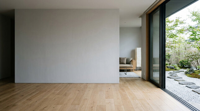 Minimalist Japandi Room with Grey Wall and Zen Gravel Garden View