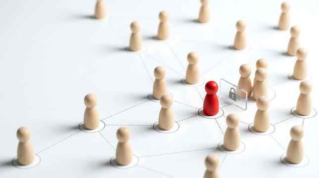 Red wooden peg person figure protected by a lock icon glass shield within a network of wooden figures representing individual data privacy cybersecurity and personal information safety