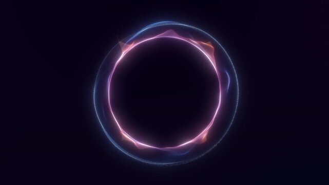 Abstract pink glowing energy ring with fluid neon plasma waves and soft luminous particles on dark futuristic background, seamless digital motion loop