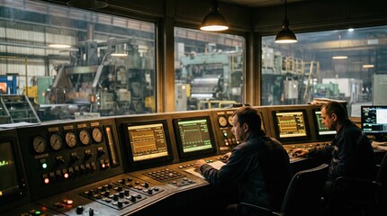 Obraz premium Operators closely monitor digital displays and analog gauges in a dimly lit cold rolling mill control room ensuring optimal strip thickness and tension for flat product quality.
