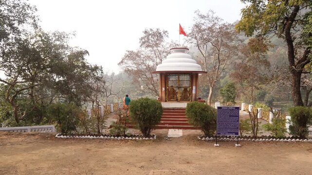 Raw 4K footage of Kanvashram temple in Kotdwara Uttarakhand, a sacred spiritual site linked to Rishi Kanva and Bharat, surrounded by forest and peaceful environment.