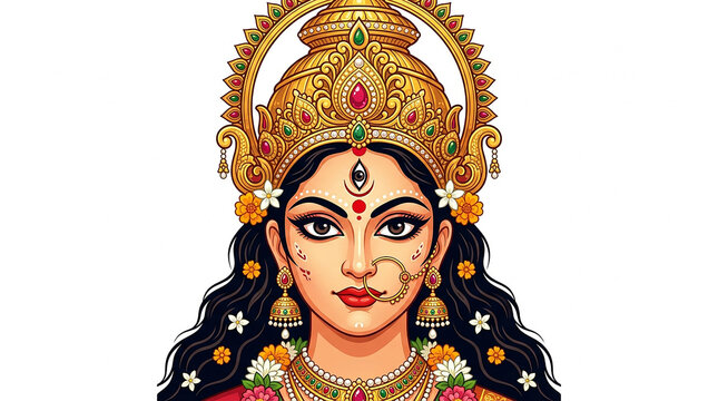 Divine hindu goddess durga maa face, spiritual deity illustration artwork.