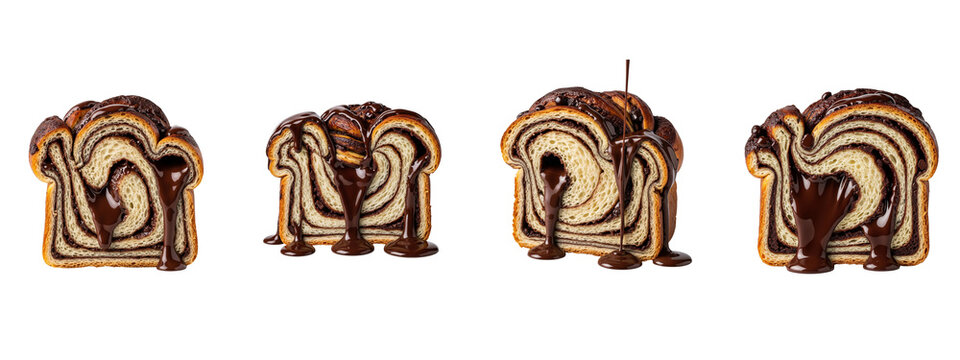 Slices of fresh chocolate babka bread drizzled with liquid cocoa syrup
