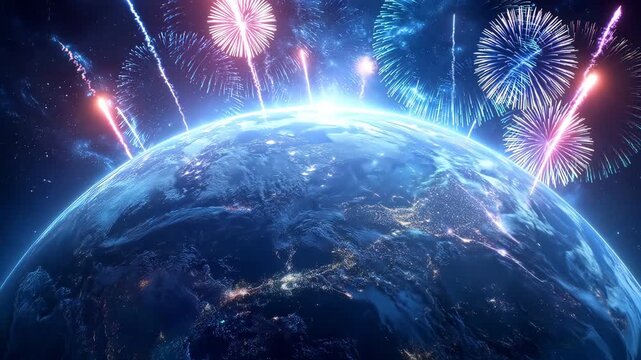 Conceptual planet Earth from orbit with bright blue festive firework bursts.