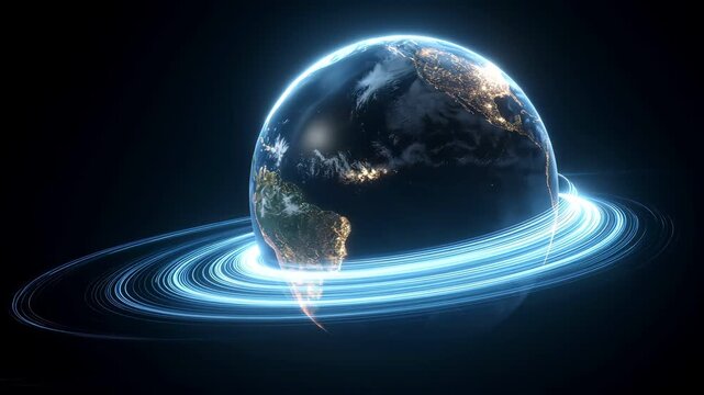 Conceptual planet Earth in dark space with bright blue glowing data streams.