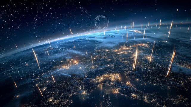 Conceptual planet Earth at night with bright fireworks shooting into space.