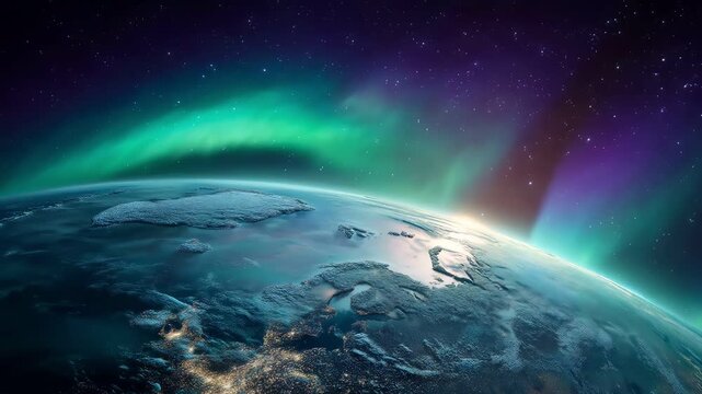 Conceptual planet Earth orbit with glowing colorful green aurora lights.