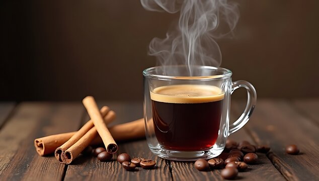 Steaming Cup of Coffee with Cinnamon Sticks and Beans.