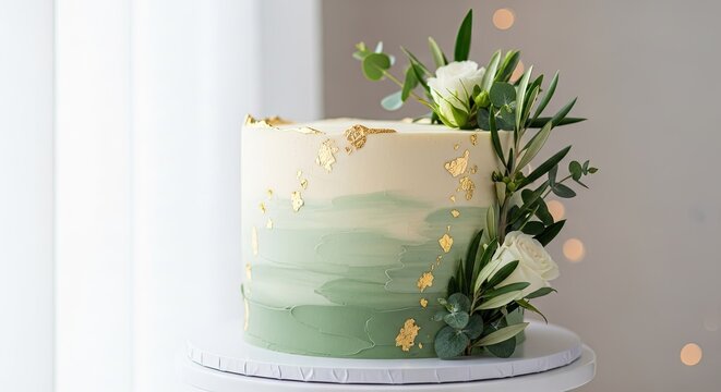 A Tiered Cake Decorated With Green Ombre Cream And Edible Gold Leaf Accents Featuring Natural Foliage Topping For A Wedding Or Birthday Celebration In A Festive Setting During A Happy Event Party