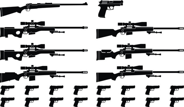 Set of rifle and pistol silhouettes with sniper scopes isolated on light background for military defense and security concepts
