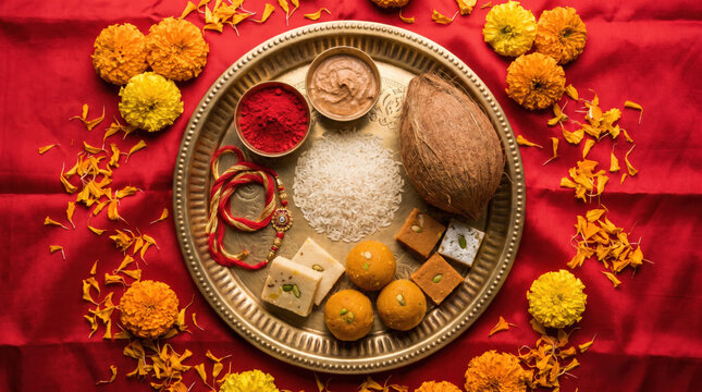 Indian Festival Puja Thali with Sweets and Coconut