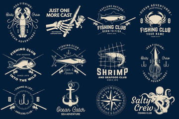 Dark nautical fishing badge set vector seafood collection octopus crab shrimp tuna vintage engraved style premium patches © sivvector