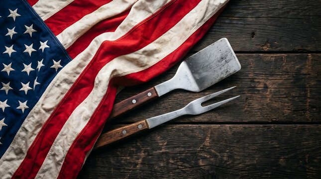 top view of american flag with vintage bbq spatula and fork on dark rustic wooden background, patriotic holiday grilling concept with copy space