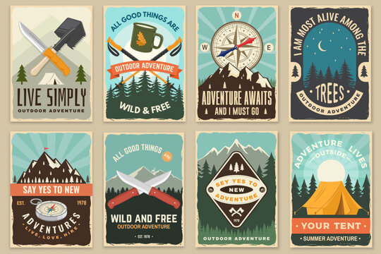 Camping survival poster set vector outdoor adventure bushcraft hiking tools knife axe vintage retro wall art wilderness prints