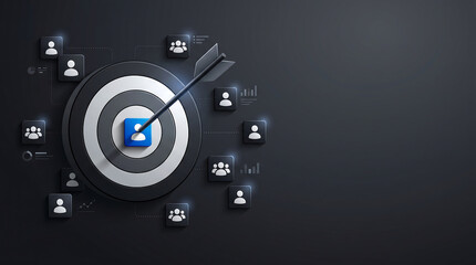 Fototapeta premium Digital target with arrow hitting bullseye surrounded by customer profile icons and data charts representing targeted marketing audience segmentation and business growth strategy