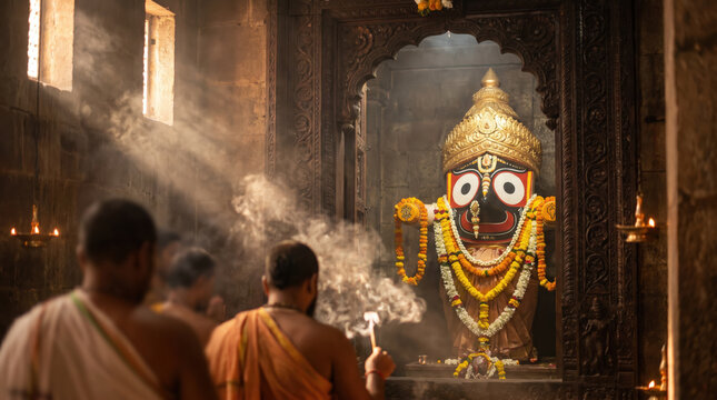 Lord Jagannath Temple Rituals with Devotees and Incense Smoke