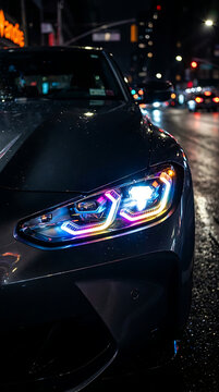 A close-up view of a car's illuminated headlight with reflections and city lights in the background Closeup on headlight of a generic and unbranded blue car 