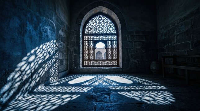Sunlight creating intricate shadows on the floor from a mosque window
