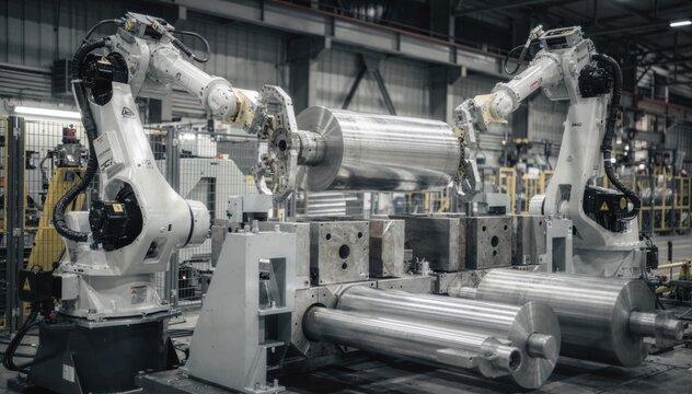 Medium shot of industrial robots precisely exchanging heavy work rolls and chocks at an automated roll handling workstation in a manufacturing setting.