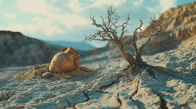 Ancient pottery vessel rests beside a solitary, gnarled tree in a parched, cracked desert landscape under a vast sky.