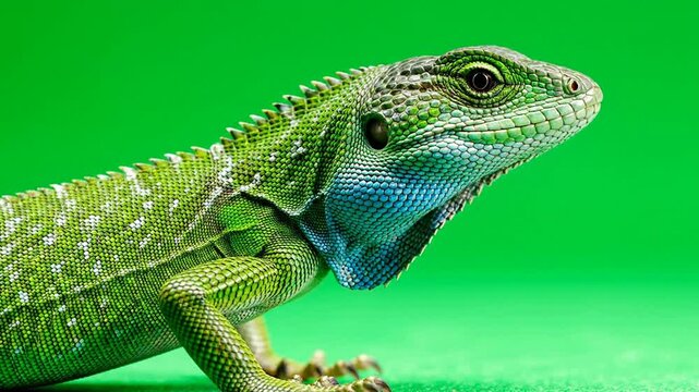 Close-up of Vibrant Green Lizard with Intricate Textures on Green Background Highlighting Scales and Details