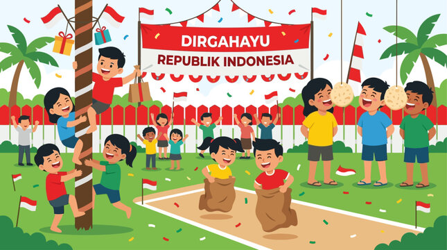 Capturing the playful spirit of Indonesian chidren celebrating Independence Day, this flat design features children engaging in traditional games like 'panjat pinang' 'balap karung and 'krupuk eating'