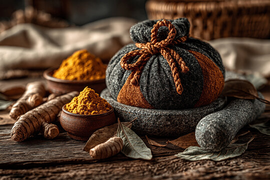 Still life of an Ayurvedic herbal compress ball with turmeric powder in clay bowls, raw roots, and a stone mortar on a rustic wooden surface with warm side lighting