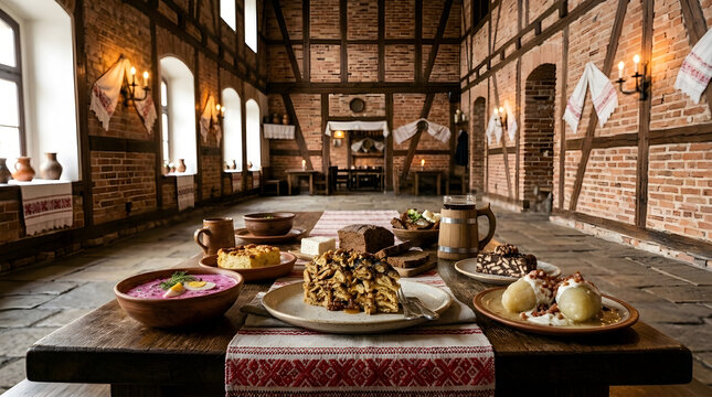 Lithuanian food set on a table inside of a Baltic restaurant, consisting of Skruzdelynas (anthill cake), Cepelinai (potato dumplings, cold borscht soup (beet soup) etc and complementary drinks