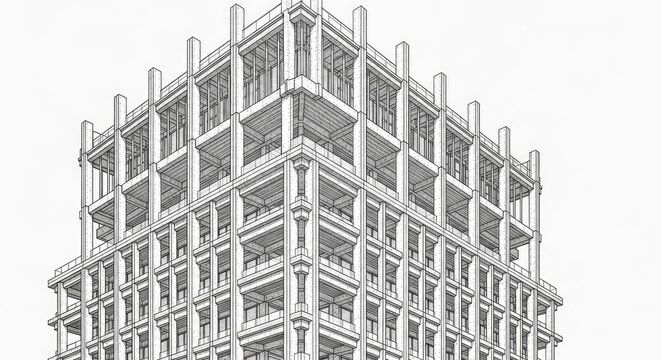Architectural structure showing the frame of a tall commercial building during early development stages showing structural engineering components and the repetitive layout of columns in urban