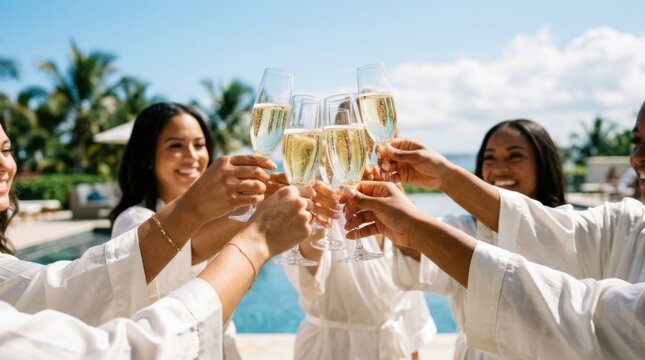 Group of women in white robes toasting with champagne glasses at a pool
