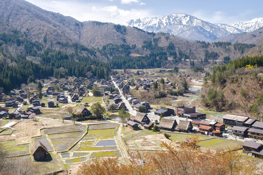 Panoramic view of Shirakawa-go village in early spring from Ogimachi viewpoint, Gifu, Japan