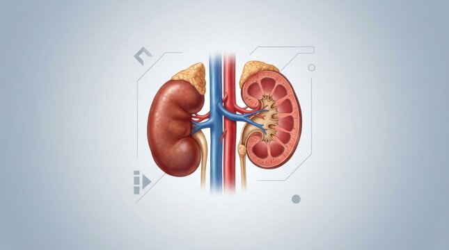 Anatomical illustration of human kidneys with blood vessels