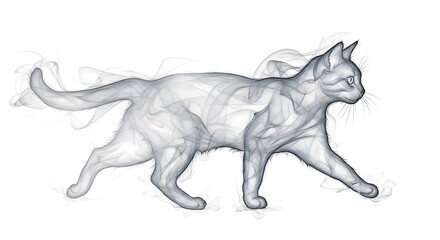 Fototapeta premium A gray cat form constructed from wisps of smoke, striding gracefully on a white background