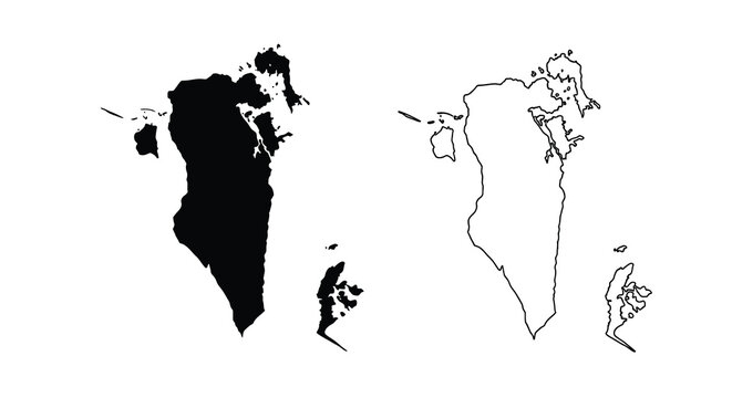 A minimalist depiction showcases the outline of bahrain presented in both filled black and white line art styles