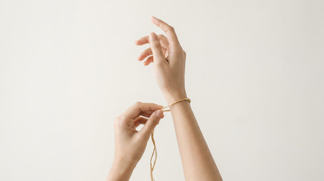 Hands tying a delicate bracelet around a wrist