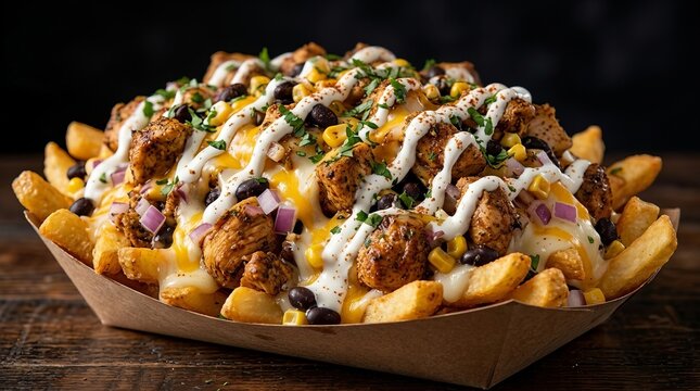Delicious loaded fries overflowing with savory toppings and creamy sauce